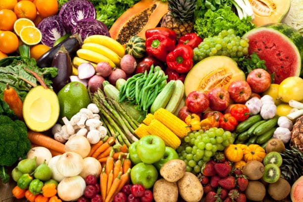 Assortment of fresh fruits and vegetables for senior nutrition