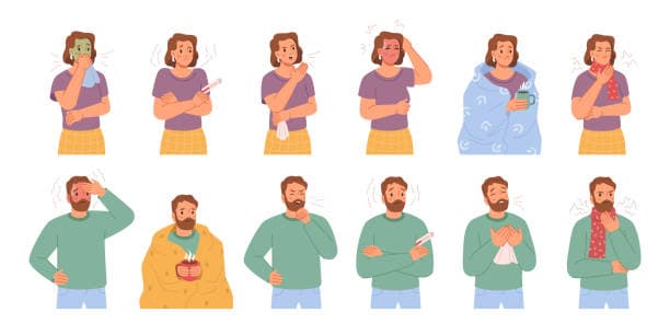 Illustration of common flu symptoms in an adult