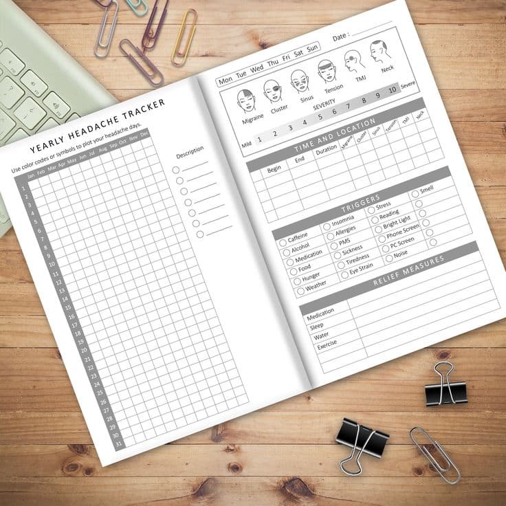 Sample page from a migraine symptom tracker template