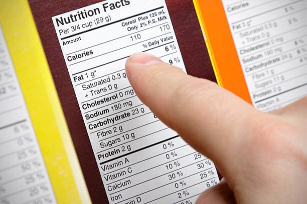 Nutrients and daily values on a nutrition facts label